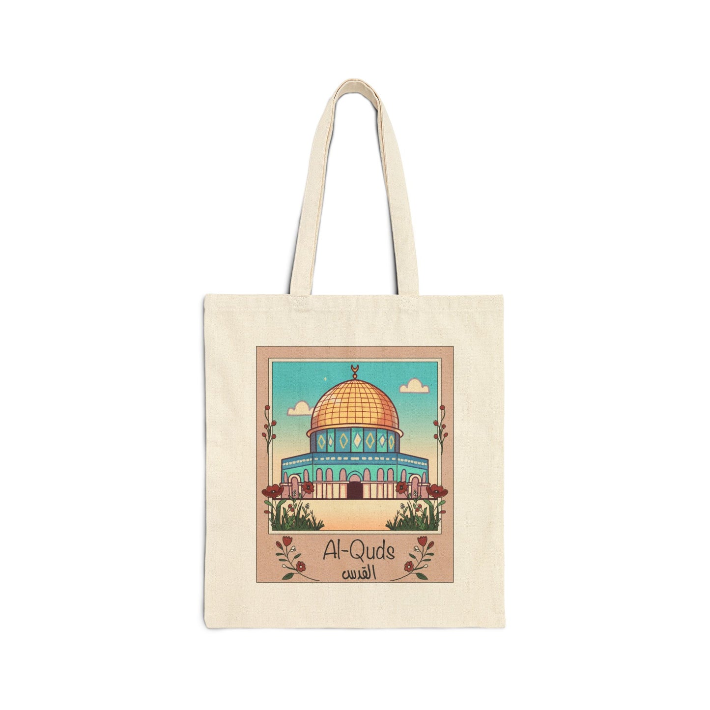 Al-Quds Jerusalem Dome of the Rock Polaroid Cotton Canvas Tote Bag - Eco-Friendly Shopping Bag with Cultural Design