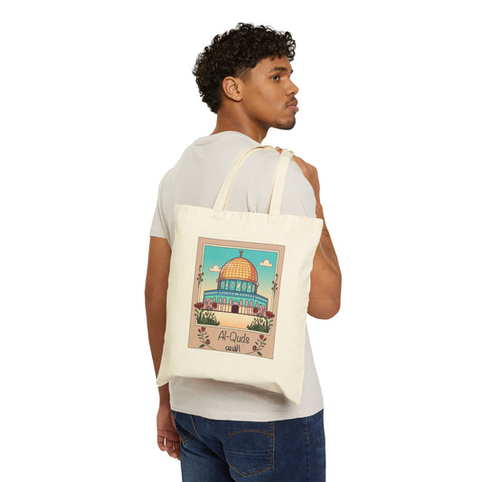 Al-Quds Jerusalem Dome of the Rock Polaroid Cotton Canvas Tote Bag - Eco-Friendly Shopping Bag with Cultural Design