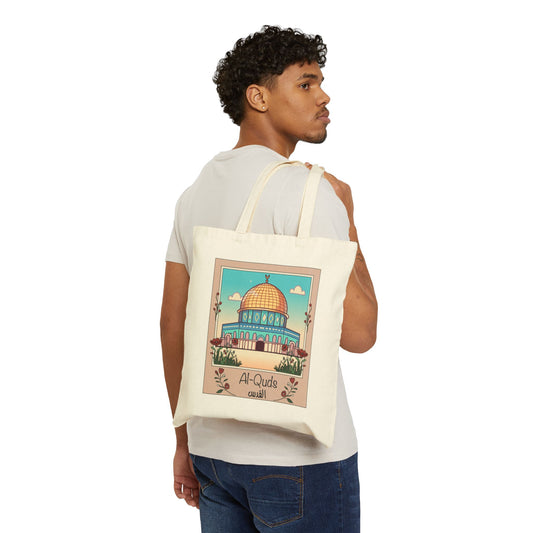 Al-Quds Jerusalem Dome of the Rock Polaroid Cotton Canvas Tote Bag - Eco-Friendly Shopping Bag with Cultural Design